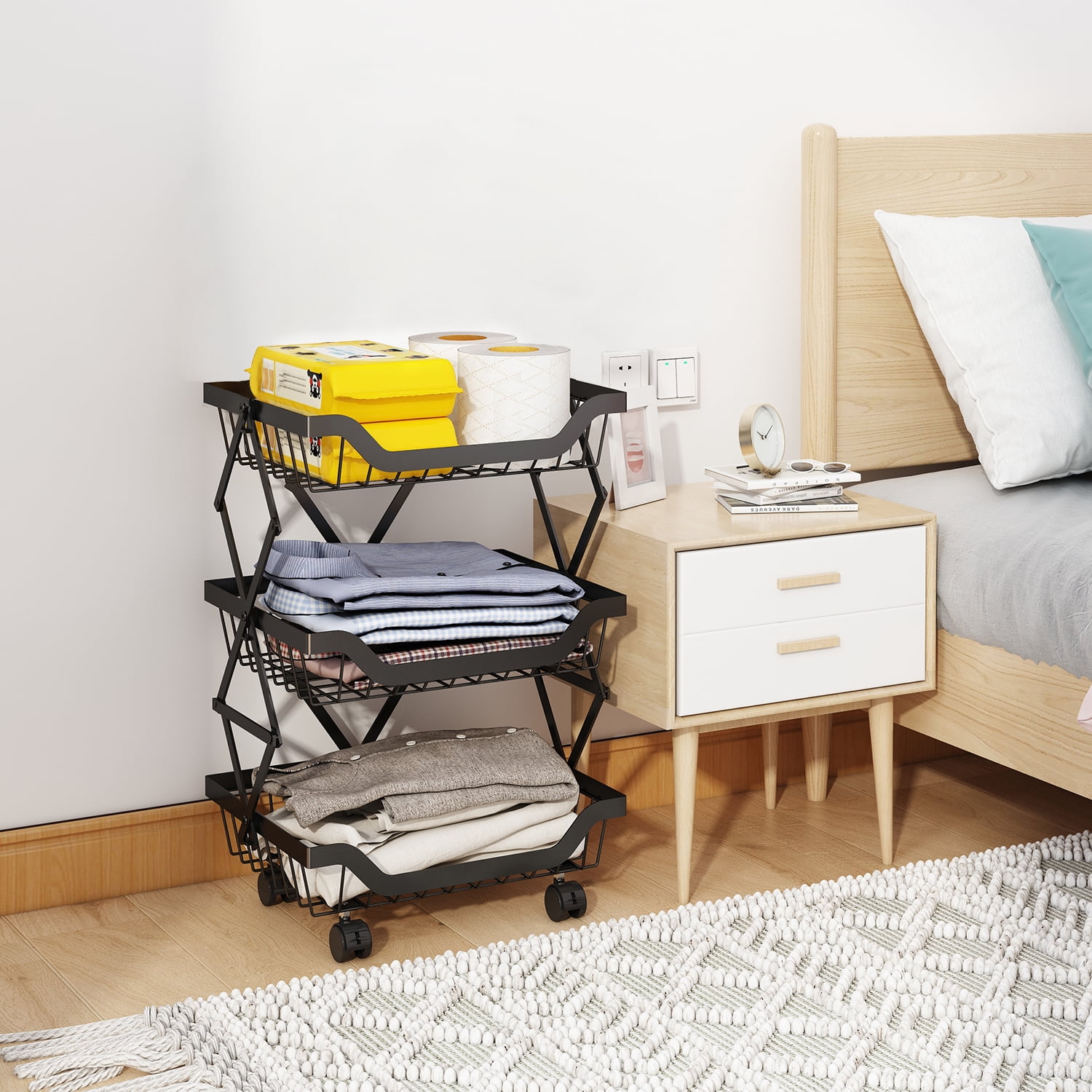 Alexent 3-Tier Foldable Basket Storage Rolling Cart | Metal Wire Basket with Wheels, Stackable, Versatile Organizer for Kitchen, Pantry, Bathroom, Laundry, Garage, Black