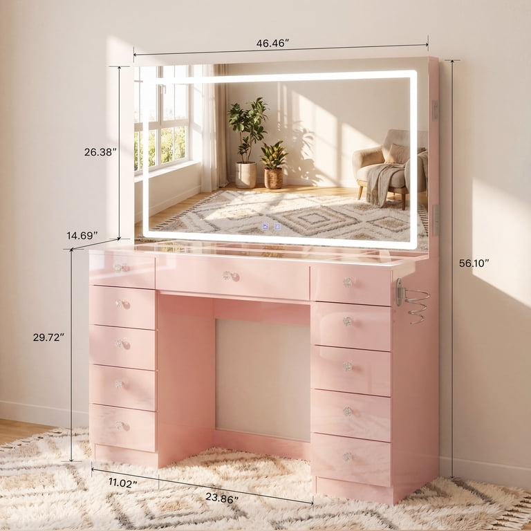 amelia dressing table pink Abaseen Pink Amelia Vanity Set Dressing Table with Mirror & Stool, Girls Makeup  Table Chair for