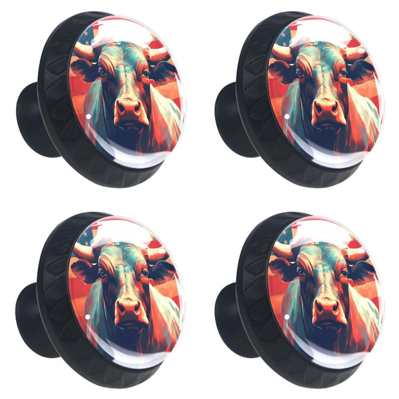4 Pcs Cow American Flag Knobs for Kitchen Cabinet Cupboard Dresser Bookcase Drawer Pulls Handles Round Home Decor