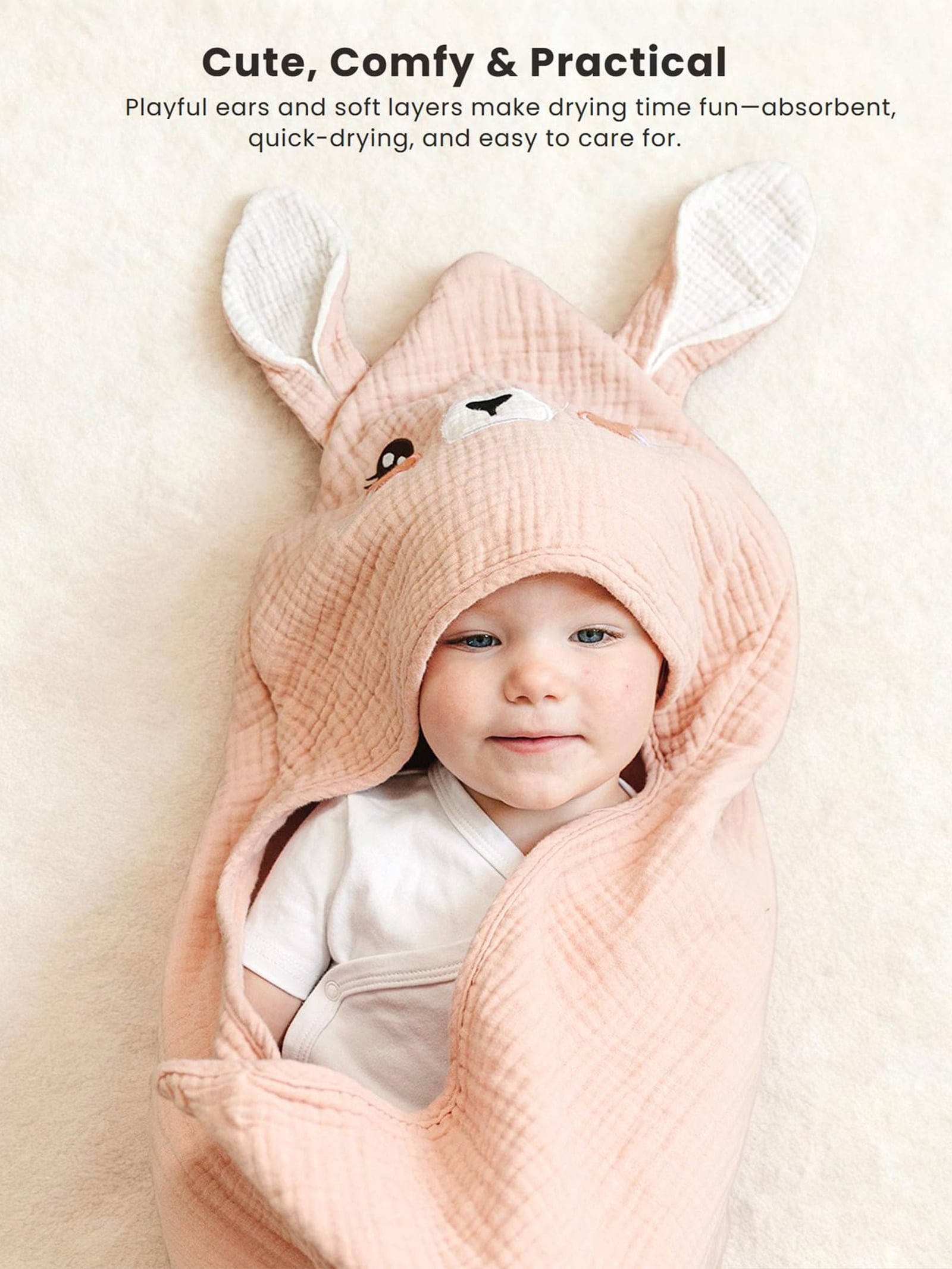 WIBACKER Baby 100% Cotton Muslin Cartoon Hooded Bath-32 x 32 Inches Towels Soft & Absorbent Bath Towel for Newborn Infant Essential Baby Gift
