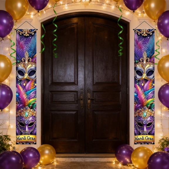 6ft Mardi Gras Door Banners – 2-Pack Set Vibrant Mask & Feather Designs for Porch, Doorway & Carnival Party Decor
