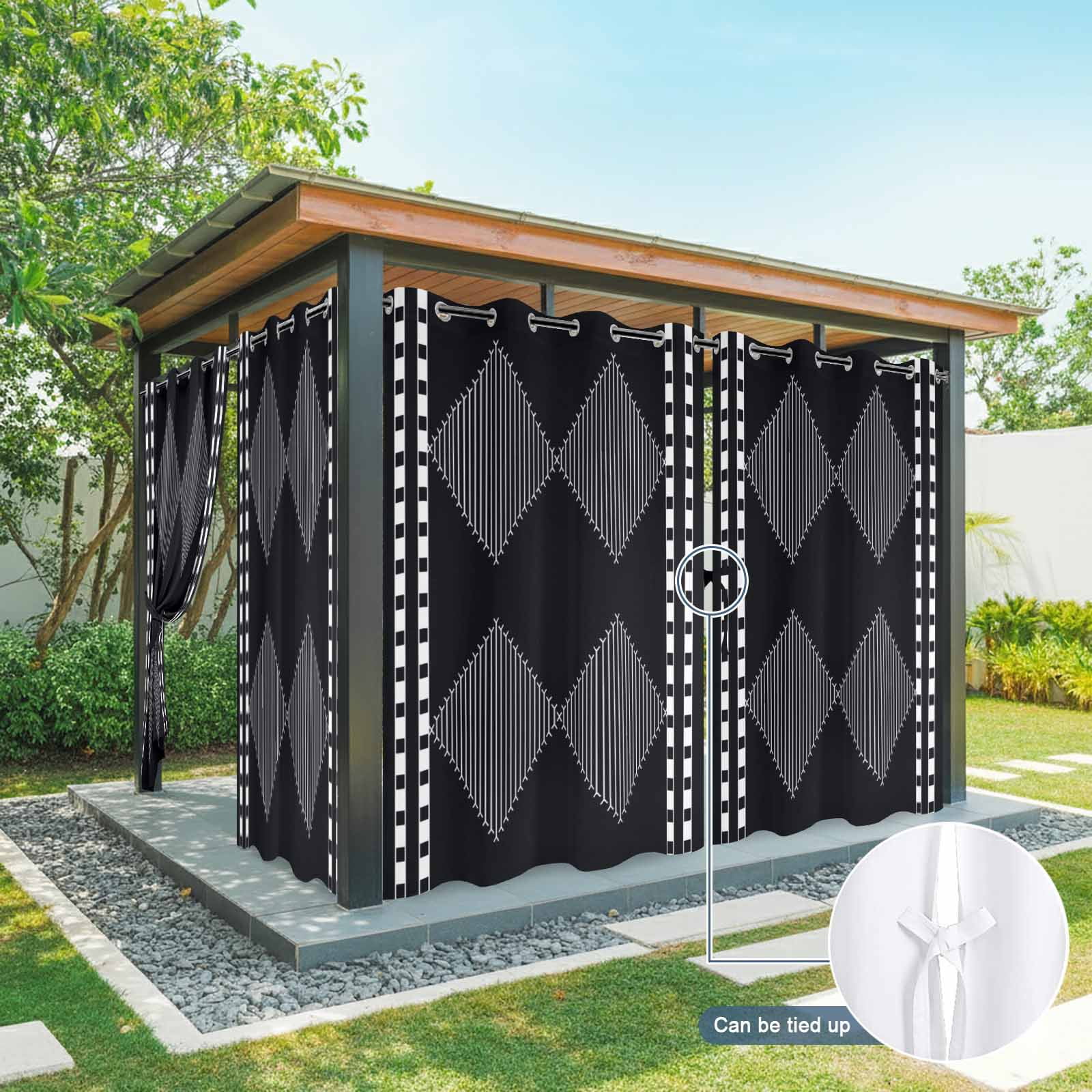 Modern White and Black Outdoor Curtains for Patio, Striped Diamonds Checkered Border Art Sunshade Privacy Drapes Grommet Waterproof Outside Curtains for Porch/Cabana/Balcony 54"x 108", 1 Panel