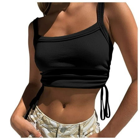 

CYMMPU Women Clothing Women s Streetwear Sexy Bustier Cami Solid Round Neck Tank Summer Shirts Cropped Tank Sleeveless Slim Fit Crop Tops Black