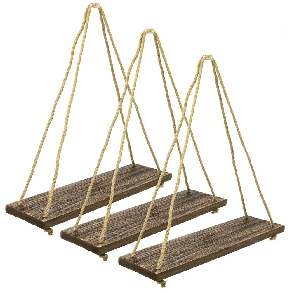 Rustic Distressed Wood Hanging Shelves 17" with Swing Rope (Dark Brown