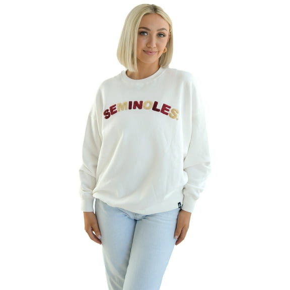 Women's Gameday Social  White Florida State Seminoles Oversized Charlie Rainbow Chenille Arch Pullover Sweatshirt