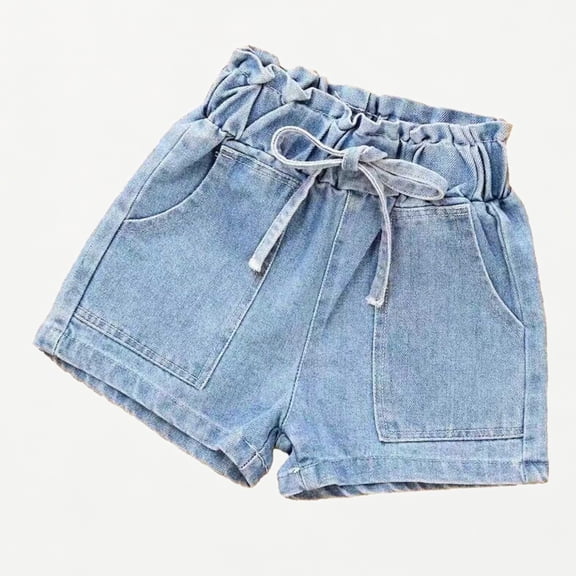 Xijirk Toddler Girls Light Wash Denim Shorts Elastic Waist with Drawstring and Large Pockets Casual Summer Wear,6-7 Years