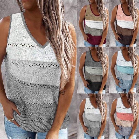 Dagugfen Womens Tank Tops V Neck Strap Color Block Trendy Loose Streetwear Casual Lightweight Blouses