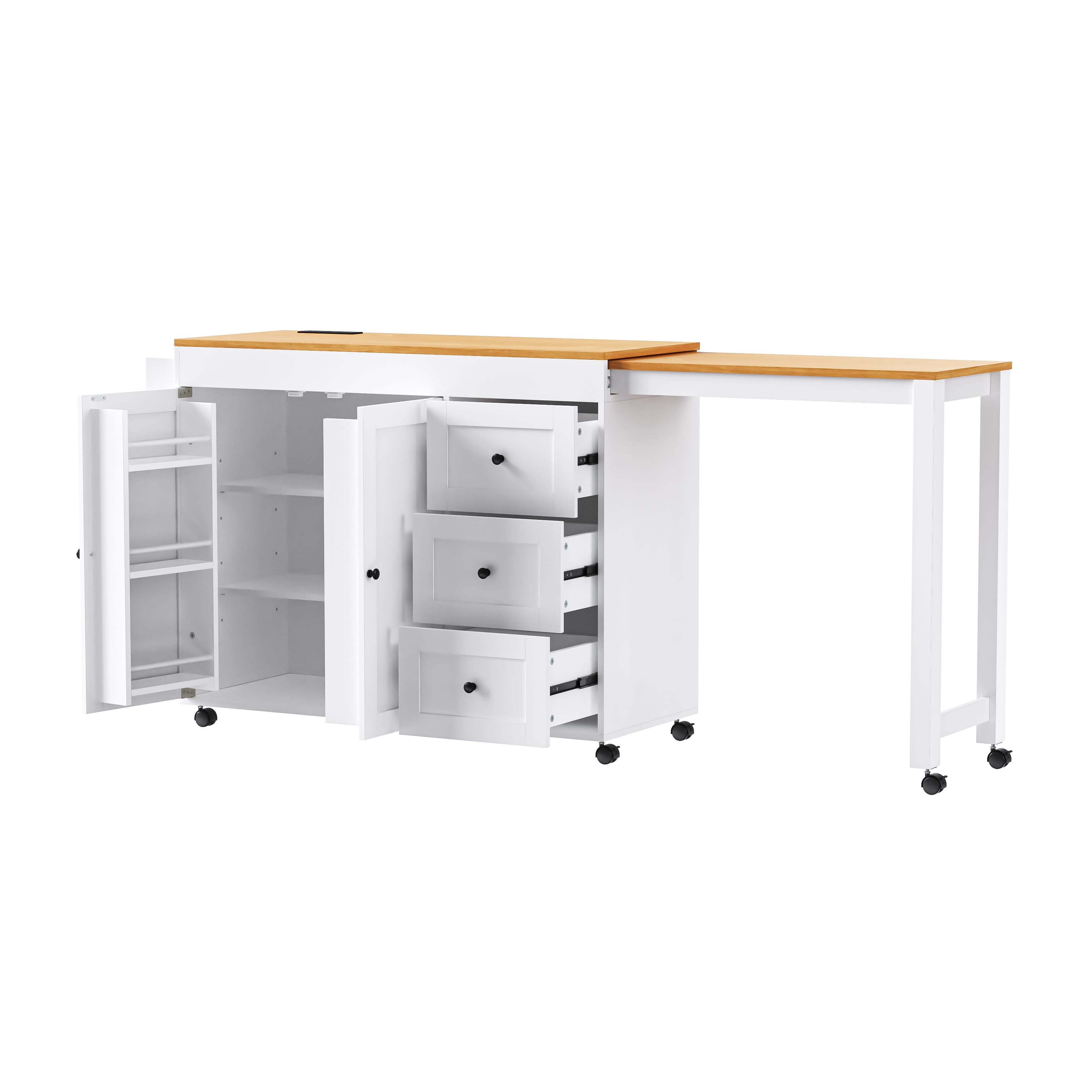 Alvantor 75" Kitchen Island with Extendable Table, Power Outlet, 3 Drawers, White