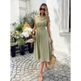 thumbnail image 6 of Green Sleeveless Collared Midi Dress With Belt, 100% Cotton Textured Fit & Flare Style, 6 of 8