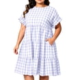thumbnail image 2 of Vivianyo HD Women's PLuse Size Round Neck Gingham Tiered Dresses, Ruffle Short Sleeve Loose Casual Midi Sundresses With Pockets for Women, Women's Purple, Sizes L-5XL, 2 of 9