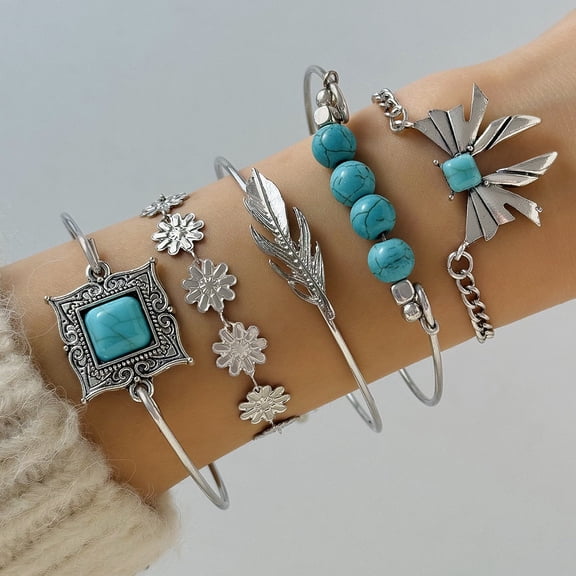 Womens Bracelet Set Electroplated Alloy Fashion Jewelry Collection Turquoise Leaf and Bow Geometric Design Hand Jewelry
