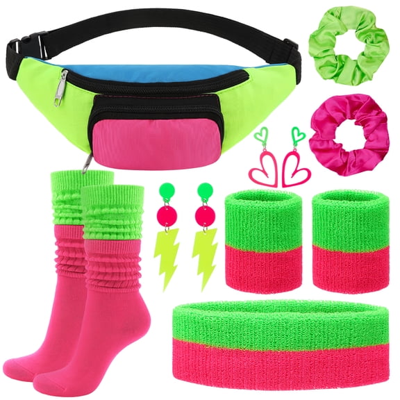 sixwipe 80s Outfit for Women, 80s Fancy Dress Costume Accessories, Headbands Wristbands Earrings Socks Handbags Hair Ties Party Outfit Set for 80's Retro Themed Party