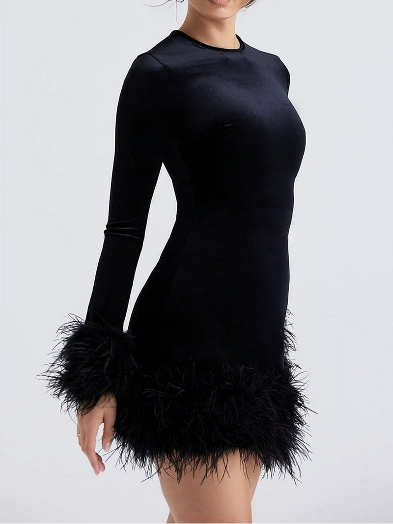 Sunisery Women's Bodycon Mini Dress, Faux Fur Trim, Feather Patchwork, Long  Sleeve, Polyester, Black - Walmart.com