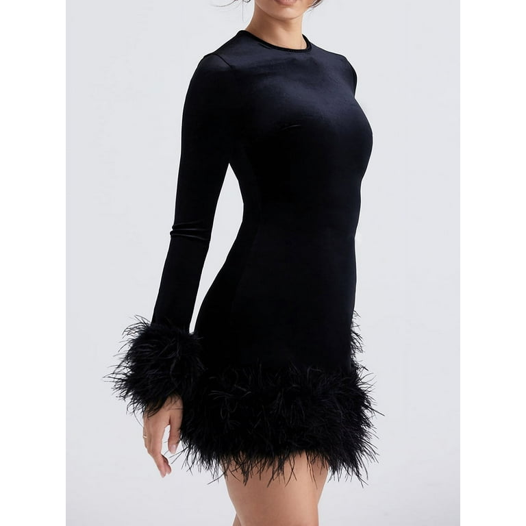 knee length dresses for ladies Black Crepe Sheath Dress With V-Back And Feather-Trim Sleeves