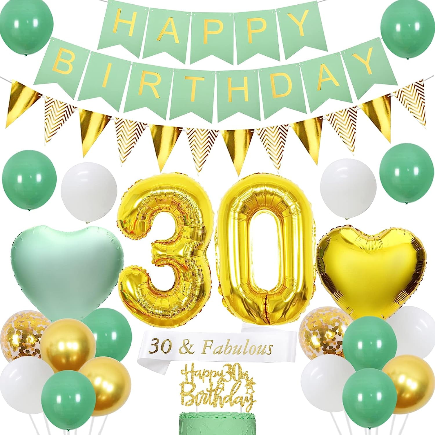 Sage Green 30th Birthday Decorations - Happy Birthday Banner, Triangle ...