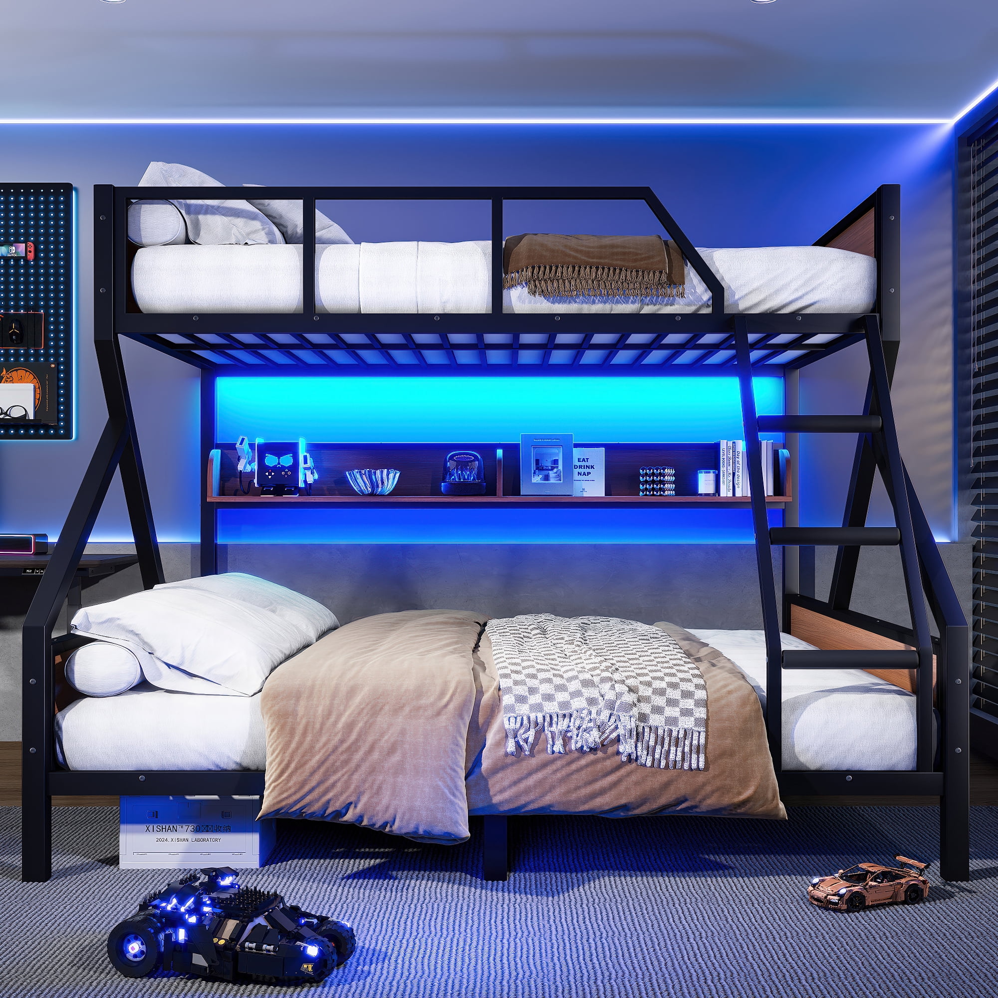 Queen over King Bunk Bed with Storage Shelves and LED Lights, Multifunctoinal Bunk Bed Frame with Ladder and Guardrails, Space-saving & Noise-free Design