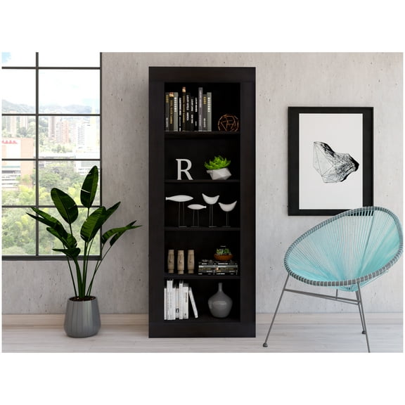 Bookcase with Vertical Design and 5 Storage Shelves, Black Black   Solid Wood MDF   Engineered Wood