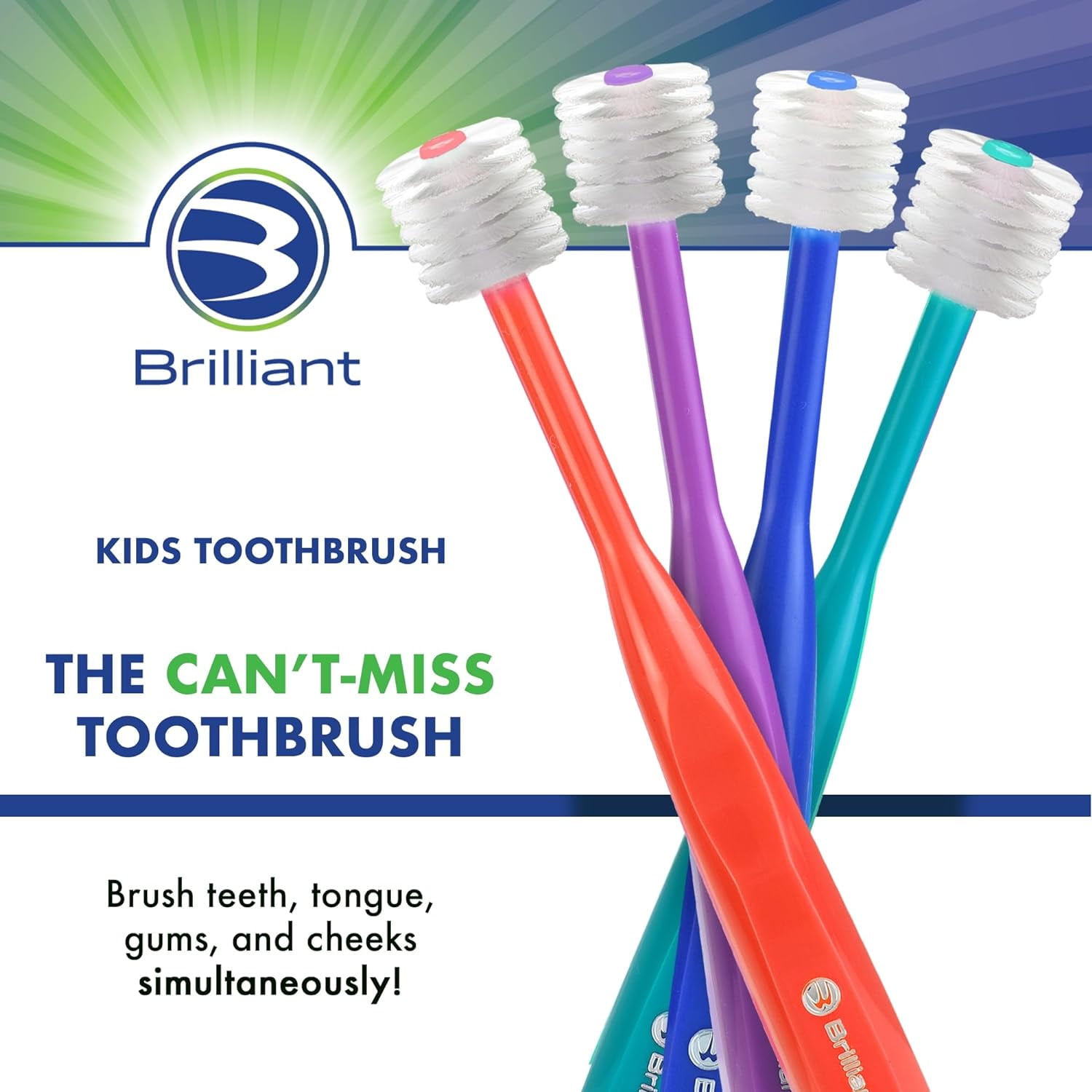 Brilliant Kids Toothbrush, Microfiber Soft Bristles, Round Head, 5 to 9 Years, Red Purple Royal, 3 Count