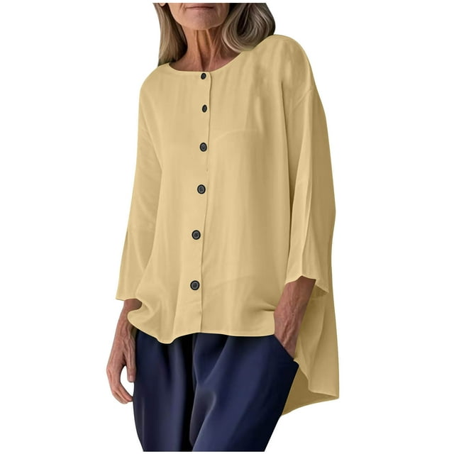 Taqqpue Chemises à Manches 3/4 pour Femmes, Blouse d'Été à Col Rond Boutonnée, Coupe Ample Décontractée, T-Shirts pour Dames