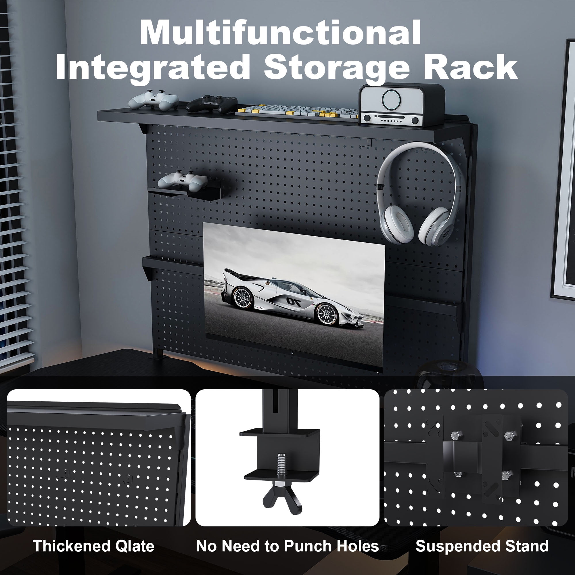 CQSXDA 43x35 Inch Clamp-On Desk Pegboard, Steel Organizer, Features Single Monitor Stand and Movable Hooks for Office Use, Black
