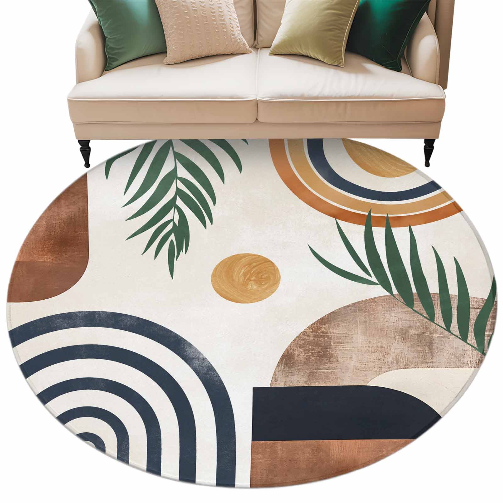 Boho Middle Century 6ft Round Rug, Modern Abstract Botanical Geometric Non-Skid Rubber Backing Large Area Rugs - Living Room Bedroom Home Office, Indoor Floor Mat Carpets Washable Rug