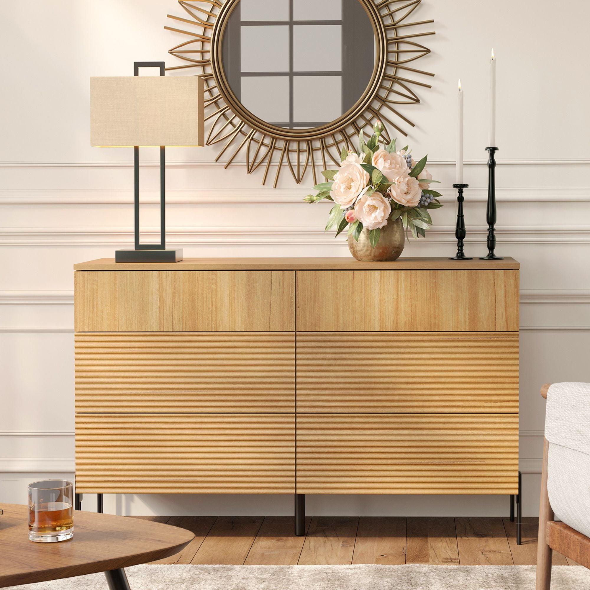 FITUEYES Wood Dresser with 6 Drawers, TV Entertainment Center with Storage for 55" TV, Wide Chest of Drawers for Bedroom, Living Room, Entryway, Oak
