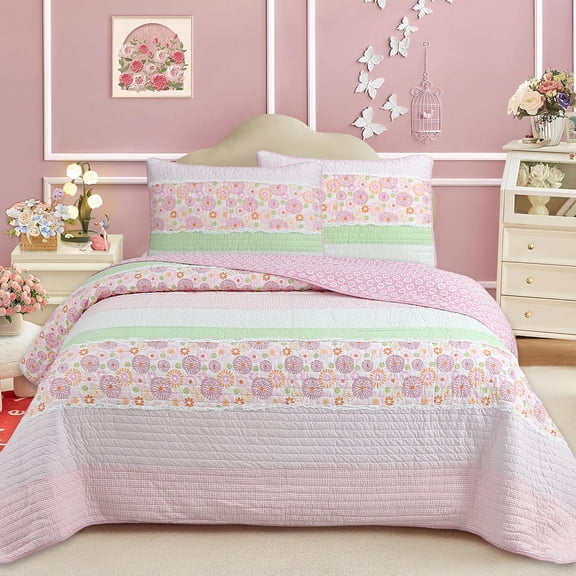 Cozy Line Pink Floral Whimsy Gingham Stripe Cotton Quilt Bedding Set