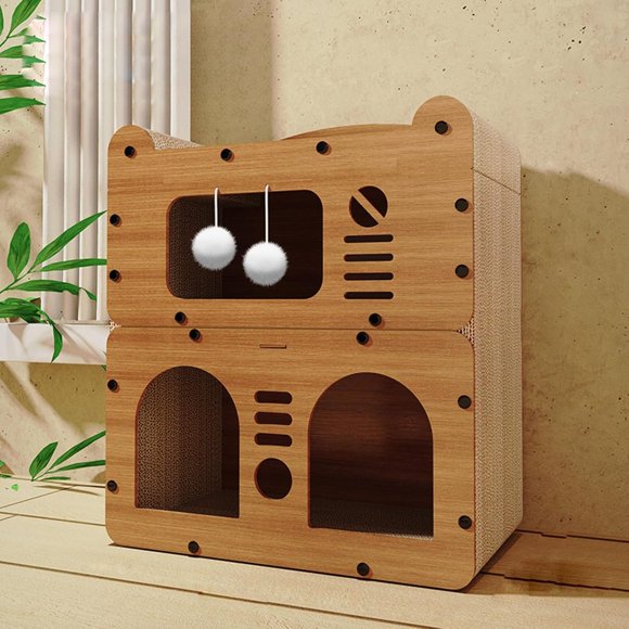 Double Layer Cat House with Scratch Surface & Plush Balls - Multi-Level Cardboard Cat Condo Bed for Indoor Cats, Durable Corrugated Paper Furniture, Easy Assembly, 48×24×54 cm