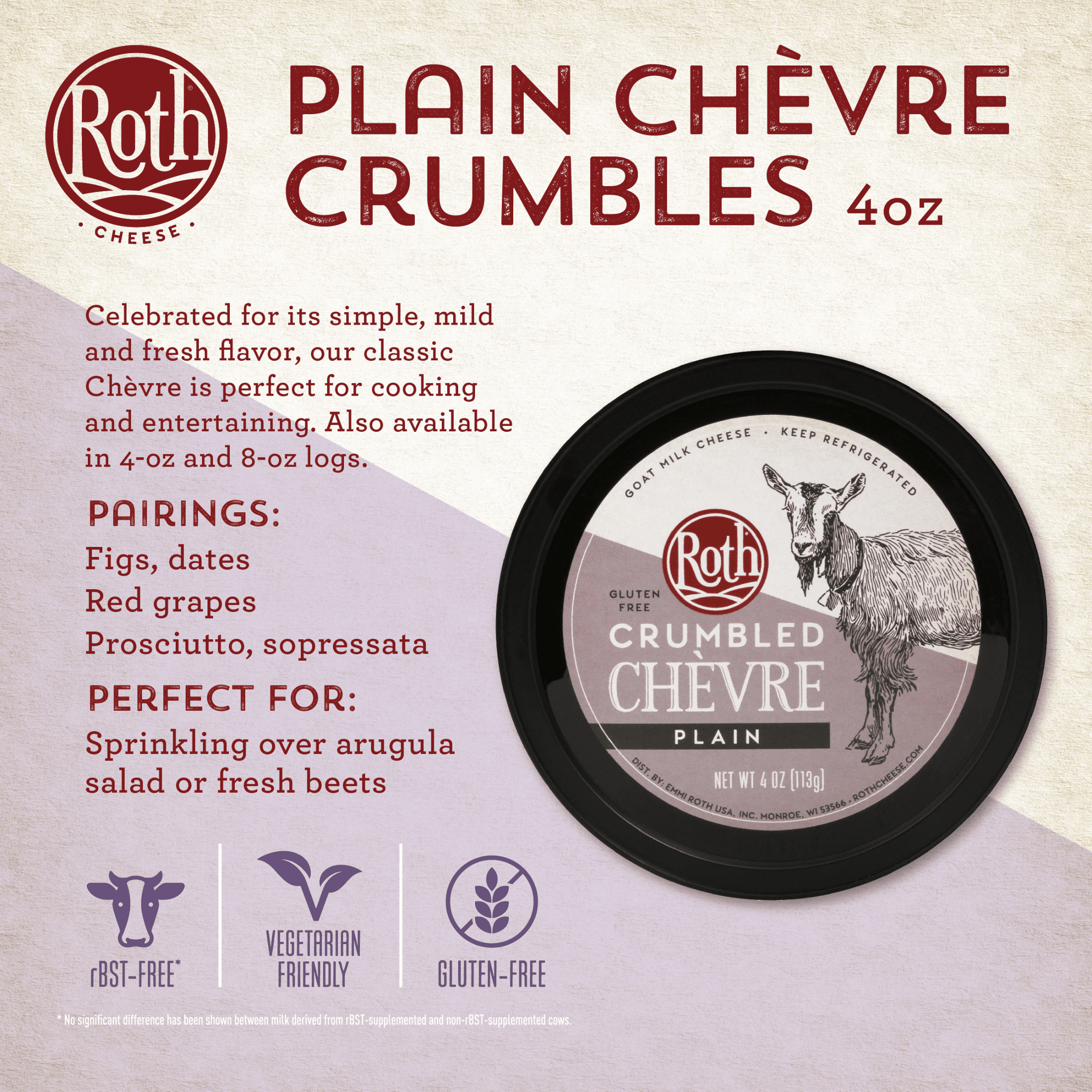 Roth Chèvre Plain Crumbled Fresh Goat Cheese 4oz​