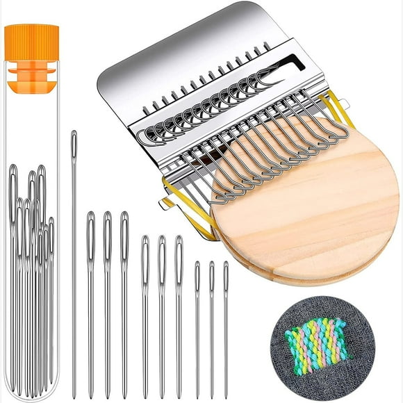Vensio -Small Weaving Loom Kit with 14 Hooks and 9 Needles, Mini Darning Loom Tool for DIY Mending Arts on Jeans Socks and Clothes, Speedweve Inspired Machine Set