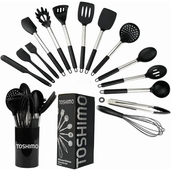 15 Pieces Silicone Kitchen Utensil Set with Holder | Non Slip Stainless Steel Cooking Tool |Spatulas, Spoon, Ladle, Pasta Server, Turner, Tongs, Whisk & More | Heat Resistant 446°F | BPA Free