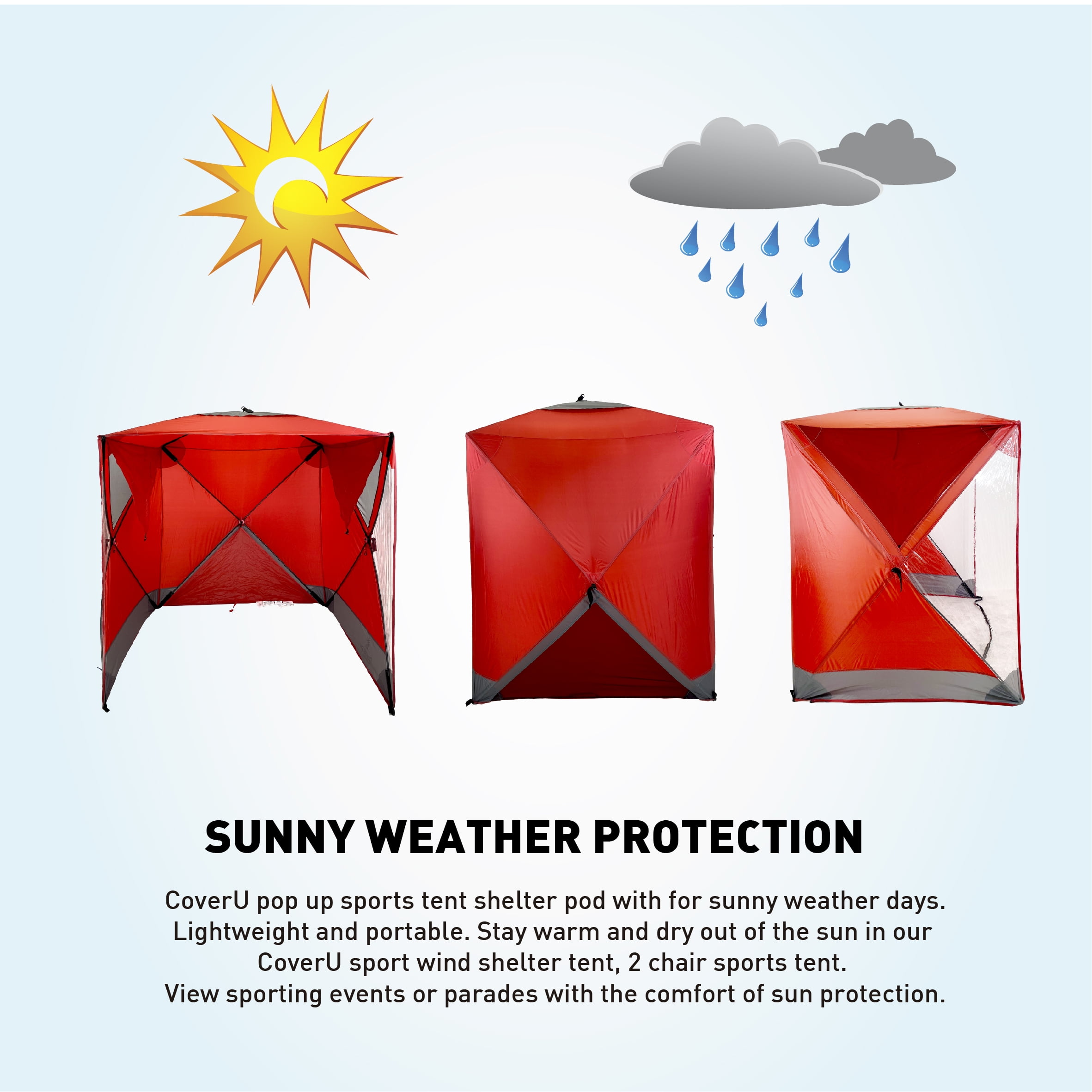 CoverU Sports Tent Pod For 3-4 People - RAIN or Sun Protection   NEW Large Pop Up Climate Canopy Shelter   Soccer, Football, Softball & Other Sporting Events and Parades - Patented and Patents Pending Red Sun