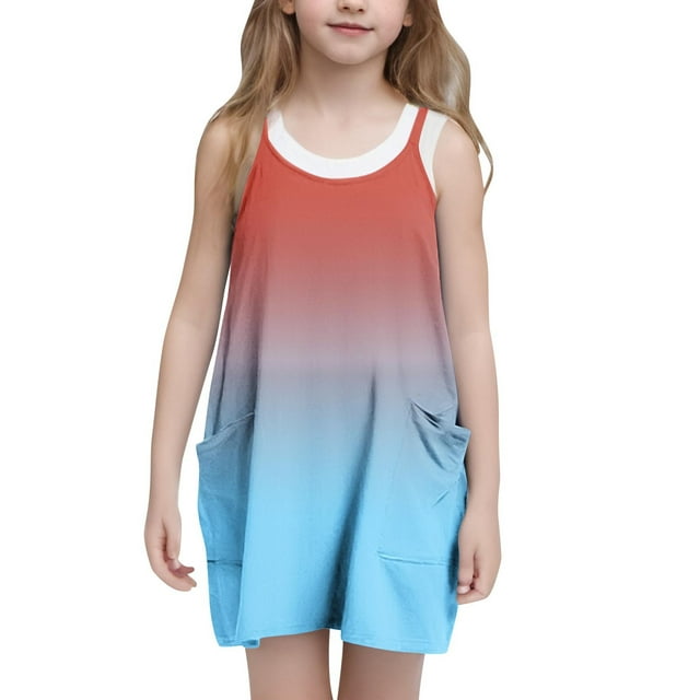 Bwiyojiz Tailles Mode 120-160 Robe Sans Manches à Col Rond Décontractée d'Été à Bretelles Combishort Robes Tennis avec Poches pour Enfant, 9 Ans, Cadeaux pour la Famille, Rouge Melon D\'eau