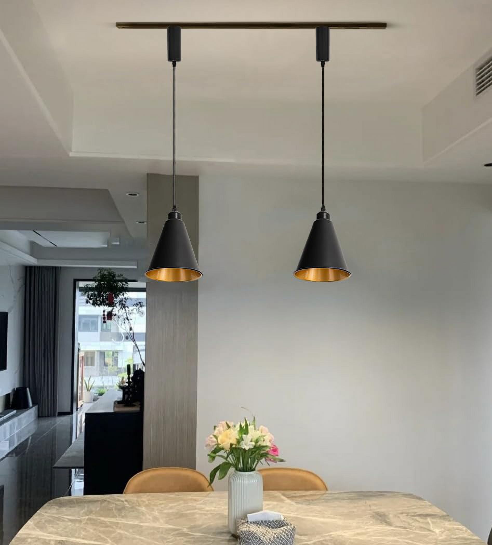 KAYYELAMP Black Metal Cone Shade Inner Gold Track Lighting H-Type 39.3 Inches Woven Black Adjusted Cord Remote RGB Warm Light Vintage Track Lamp for Kitchen Dining Table Loft