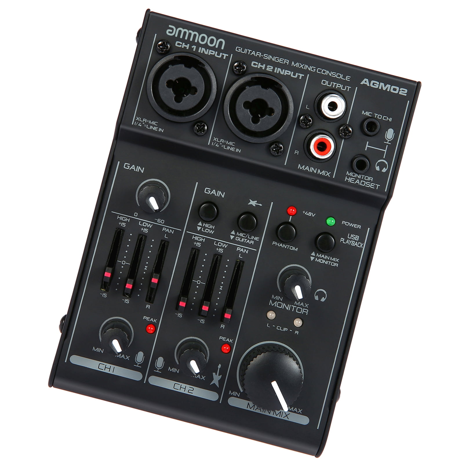 AGM02 Mini 2-Channel Sound Card Mixing Console Digital Audio Mixer 2-band EQ Built-in 48V Phantom 5V USB for Home Studio Recording DJ Network Live Broadcast Karaoke -
