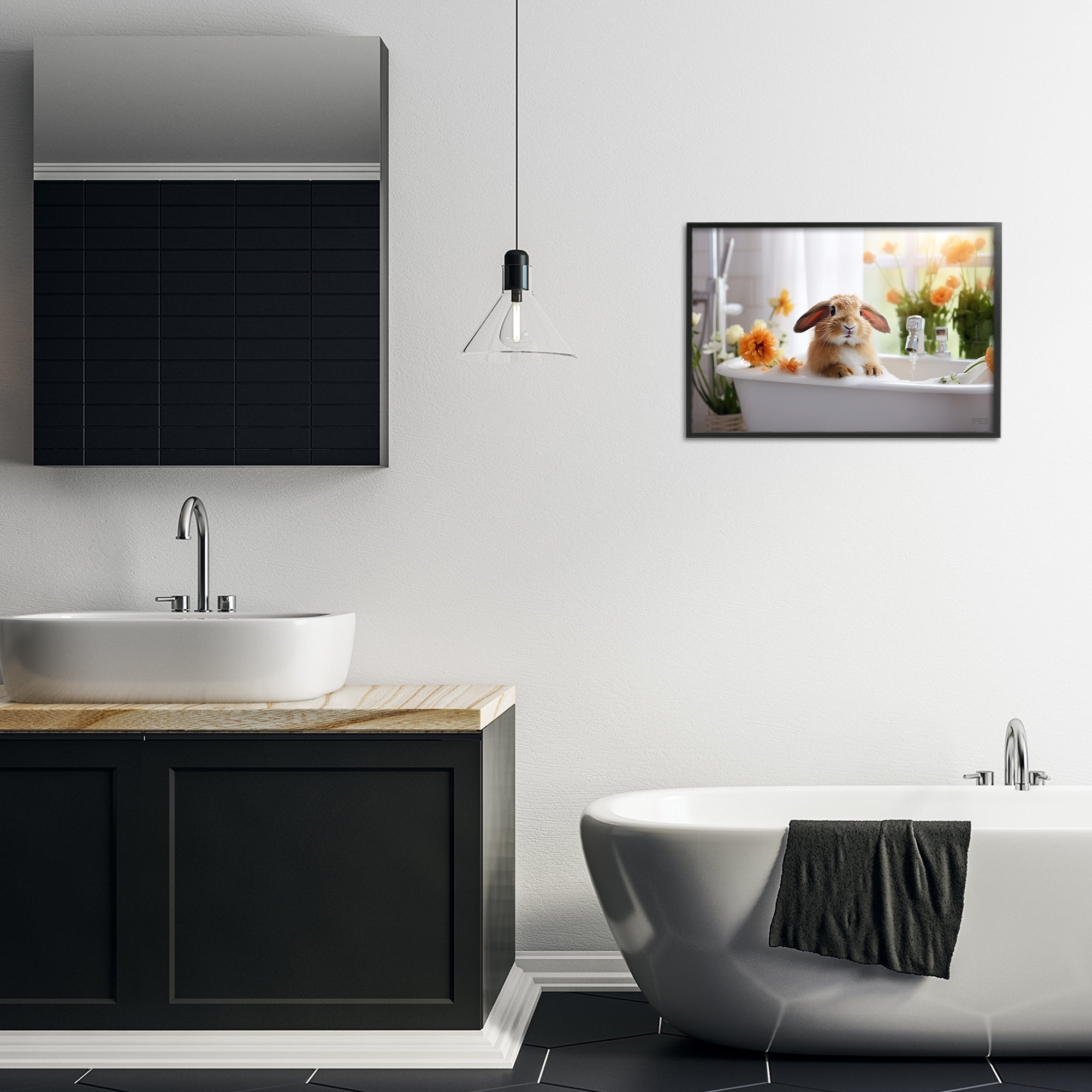Stupell Industries Bathing Baby Bunny Typography Painting Black Framed Art Print Wall Art, 24 x 16