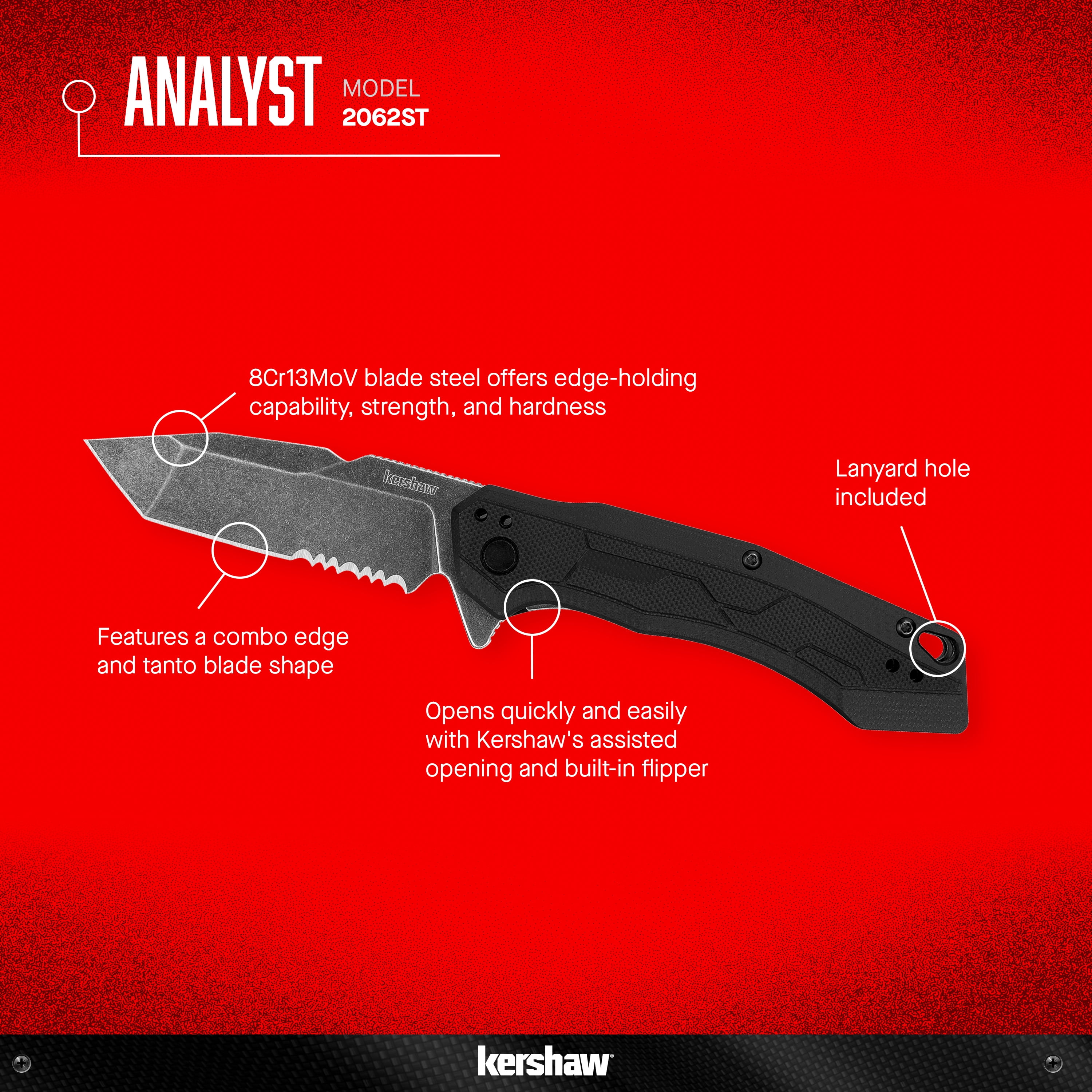 Kershaw Analyst Folding Pocket Knife, 3.25" Blade with Assisted Opening