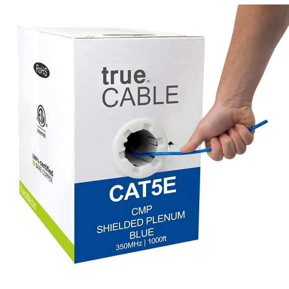 trueCABLE Cat5e Bouclier Plenum (CMP), 1000 Pieds, Bleu, 24AWG Cuivre Massif, 350MHz, Poe++ (4Ppoe), ETL Listed, Bouclier en Aluminium (F/UTP), Câble Ethernet en Vrac