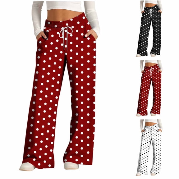 Cadancy Womens Sweatpants Polka Dot Y2K Fashion Wide Leg Lounge Pants Casual Loose Color Block Trendy Cozy Drawstring Waist Trousers with Pockets