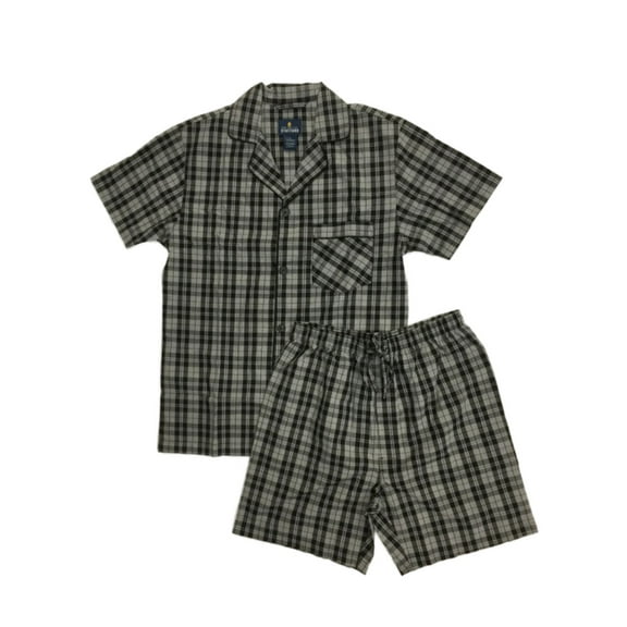 Mens 2pc Black & Gray Check Pajamas Cotton Blend Shorts & Shirt Sleep Set S