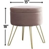 Ornavo Home Modern Round Velvet Storage Ottoman Foot Rest Vanity Stool/Seat with Gold Metal Legs & Tray Top Coffee Table - Blush
