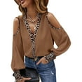 thumbnail image 3 of USSUMA Women's Sexy Cold Shoulder Tops and Blouses Trendy Leopard V Neck Blouse Button up Lantern Sleeve Shirt Tops Dressy, 3 of 7