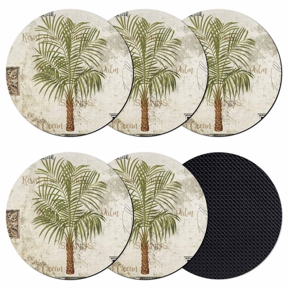 Vintage Palm Trees Coasters Set of 6, Absorbent Coasters for Drinks, Summer Tropical Botanical Beige Burlap Coaster for Desk Coffee Table Protection, Home Decor House Warming Gifts 4"