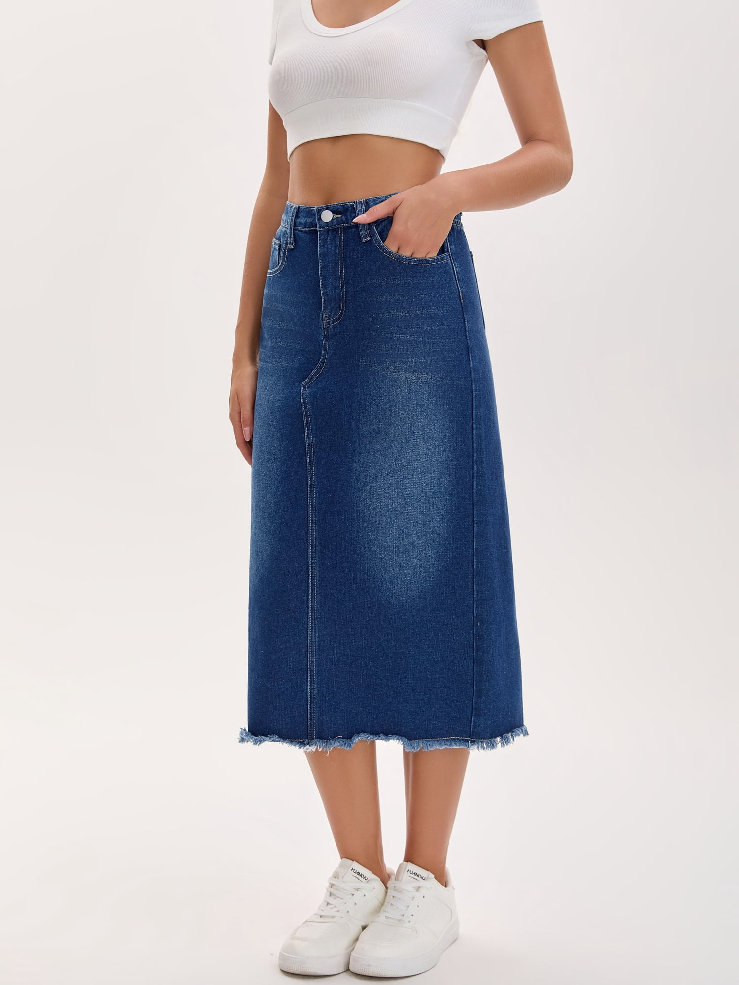DARING DIVA Women's Long Denim Split Back Pockets Maxi Jean Skirts Medium Deep Blue
