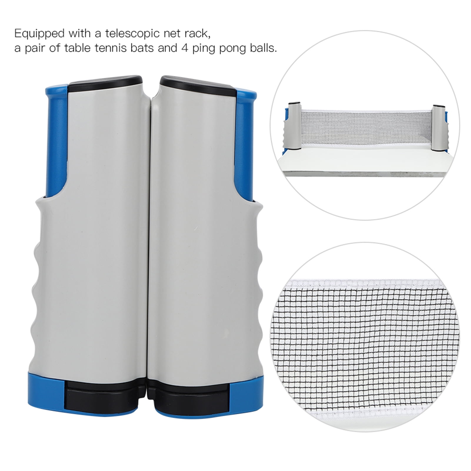 Regail Portable Table Tennis Set with Telescopic Net Rack, 2 Paddles and 4 Ping Pong Balls, Training Accessories, White and Blue, 9.84 inches / 25 cm