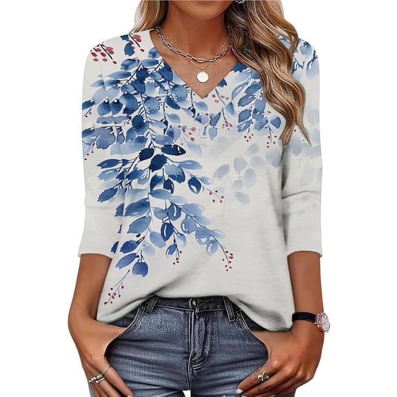 Xdegoge Blouses for Women Crewneck Three Quarter Sleeve Casual Dressy Workwear Flowy Fit Floral Print Pleated Front Soft Lightweight Spring Summer Tops