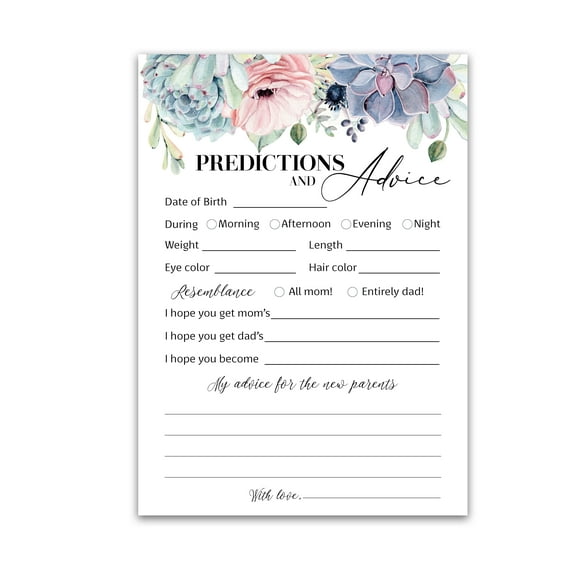 SUCCULENTS Prediction and Advice Cards - Pack of 25 - GENDER NEUTRAL Baby Shower Games, New Parents Mom & Dad to be Mommy & Daddy Message, GREENERY Couples Coed Shower Activity Keepsake Book G301-PDAV