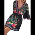 thumbnail image 3 of Vestido Mini Informal con Cuello en V, Estampado Floral, Mangas Acampanadas y Cintura Elástica para Mujer. Negro L, 3 of 10