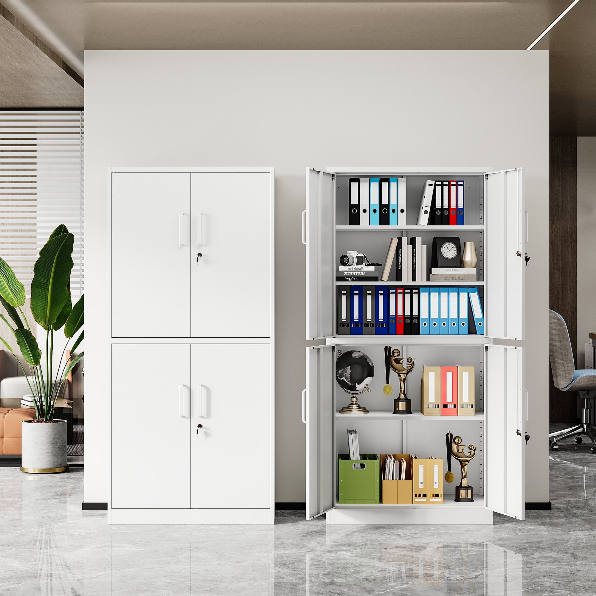 STANI Metal Storage Cabinet, White Garage Tools Utility Cabinet,4 Doors & 3 Adjustable Shelves, Steel Locker with Lockable Door for Office, Home, Pantry