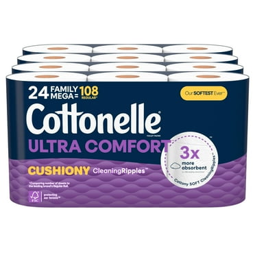 Cottonelle Ultra Comfort Toilet MMF7 Paper with Cushiony CleaningRipples 24 Family Mega Rolls (24 Family Mega Rolls = 108 Regular Rolls) (4 Packs of 6), 296 Sheets per Roll, Packaging May Vary